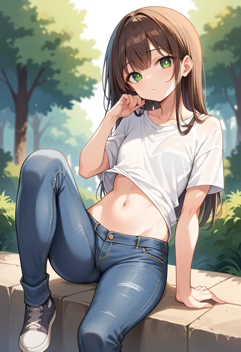 Score_9, Score_8_up, Score_7_up, source_anime, 1 cute girl , long dark brown hair, straight hair, straight bangs, green eyes small chest, sexy navel, white t-shirt, sexy navel, jeans, full body, on the park