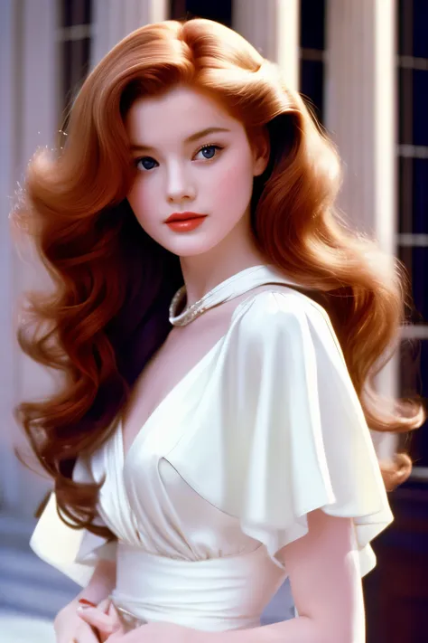 film still, girl, ginger hair, long wavy hair, pale white skin, 1989 movie, paris, red dior