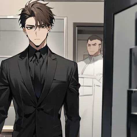 an athletic man in a black suit. he as brown hair that is in a fade. black eyes and he shows no emotions at all. he is your bodyguard. he is standing outside your makeup room.