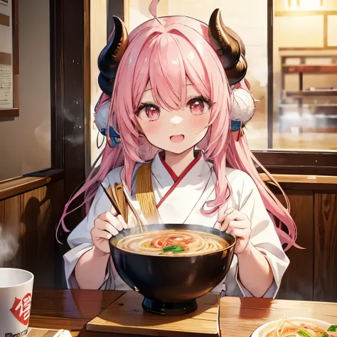 An anime-style illustration of ‘Fua-chan’ excitedly looking at a bowl of ramen in front of her. Fua-chan has long pink hair styled in soft curls resembling sheep’s horns, and pink eyes. She is depicted sitting at a table, her eyes wide with joy and her mou...