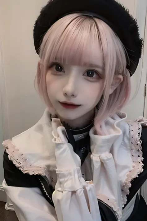 A close-up portrait of a young woman with short pink hair and soft bangs. She is wearing a black beret and a school uniform with a red and white sailor collar and matching bow. Her hand is gently resting on her chin as she gazes at the camera with large, e...