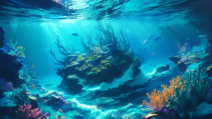 There is a lot of fish in the ocean with a lot of water., seabed, seabed environment, Awesome Wallpapers, 4k HD wallpaper illustration, 4K HD Wallpaper Highly Detailed, Beautiful artwork illustration, Realistic sea, Concept Art Wallpaper 4K, 4k HD illustra...