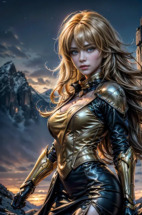 masterpiece,best quality,1girl,yang xiao long, very long hair, ahoge, purple eyes, wearing gold dress, large breasts, prosthetic arm, cowboy shot, night, stars, yang xiao long, standing on mountain path, overlooking river in far away valley, crowd, (crowd ...