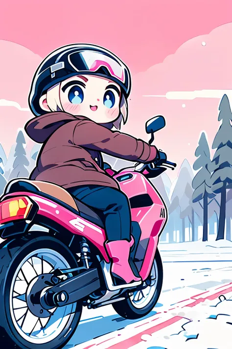 araffe riding a pink motorcycle on a snowy road with trees in the background, by mads berg, inspired by mads berg, riding, ( ( m...