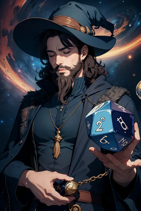 A wizard with a curly brown beard, dark blue clothes and a dark blue hat that contains a galaxy inside it and SEVERAL d20s spinning around him while his eyes are closed