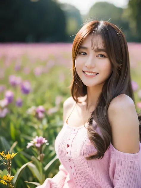 (masterpiece), (best quality), ultra high res, sharp focus, ((1 woman, solo)), upper body, medium long shot, MLS, background blur focus on face only, in the meadow of lily flower, (at the beautiful night time:1.2), beautiful detailed hair, chesnut brown ha...