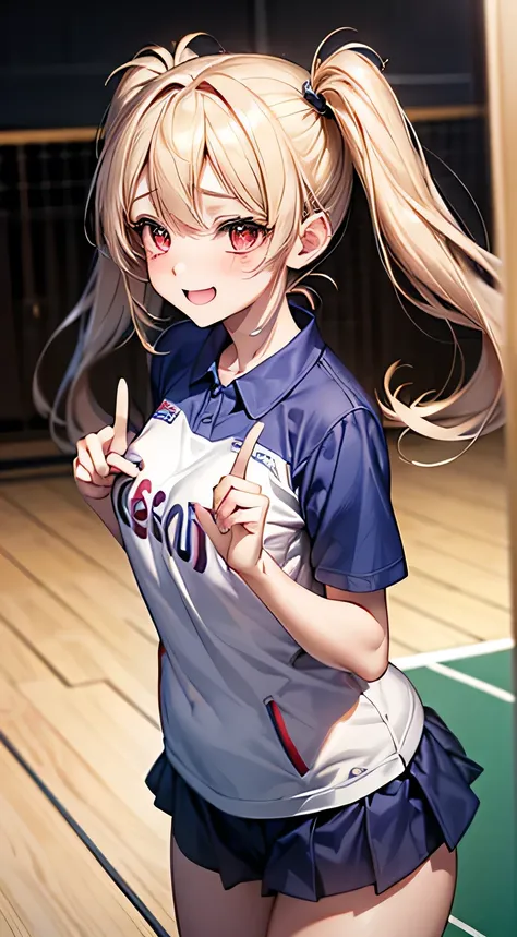 最high quality、Best image quality、masterpiece、With a girl((, Play sports frequently、Best Bust、Bust 90、Blonde twin tails、Red eyes、Open your chest wide, thin, smile, liar、Troubled expression、 Table Tennis Uniform、peace sign、Are standing))、high quality、Beautif...