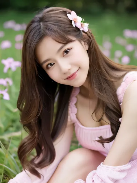 (masterpiece), (best quality), ultra high res, sharp focus, ((1 woman, solo)), upper body, medium long shot, MLS, background blur focus on face only, in the meadow of lily flower, (at the beautiful night time:1.2), beautiful detailed hair, chesnut brown ha...