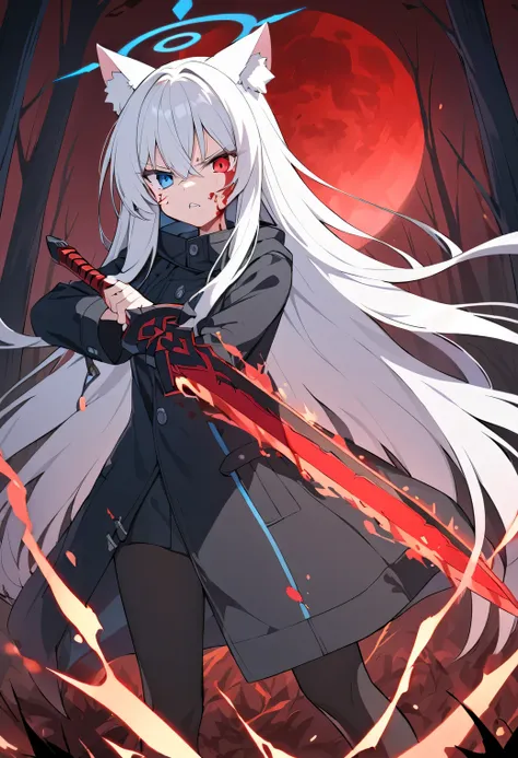 blue halo，white hair，long hair，cat ears，heterochromia（red and blue），black coat，red moon，black pantyhose，forest，holding a red swo...