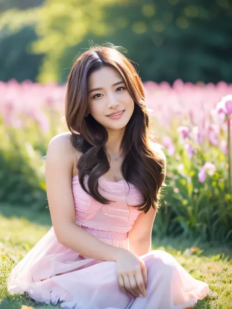 (masterpiece), (best quality), ultra high res, sharp focus, ((1 woman, solo)), upper body, medium long shot, MLS, background blur focus on face only, in the meadow of lily flower, (at the beautiful night time:1.2), beautiful detailed hair, chesnut brown ha...