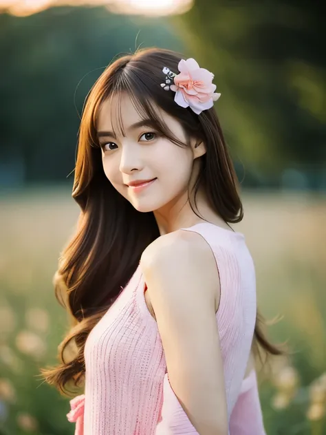 (masterpiece), (best quality), ultra high res, sharp focus, ((1 woman, solo)), upper body, medium long shot, MLS, background blur focus on face only, in the meadow of lily flower, (at the beautiful night time:1.2), beautiful detailed hair, chesnut brown ha...