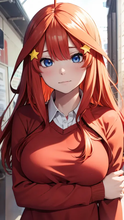 Beautiful girl is happy and looking at the viewer, nakano itsuki, red hair, long hair, star hair ornament, ahoge, red sweater, sad expression, medium breasts, uniforme escolar, pose fofa,anime, (itsuk Nakano), (Gotoubun no Hanayome),master part,8k,Ultra-hi...