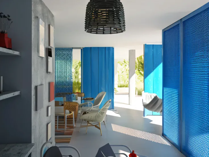 there is a room with a table and chairs and a blue screen, bright render, blue realistic 3 d render, rendered in vray, photographic render, rendered in 3 dsmax, a photorealistic rendering, render vray, rendered in povray, 3d rendering, 3 d rendering, inspi...