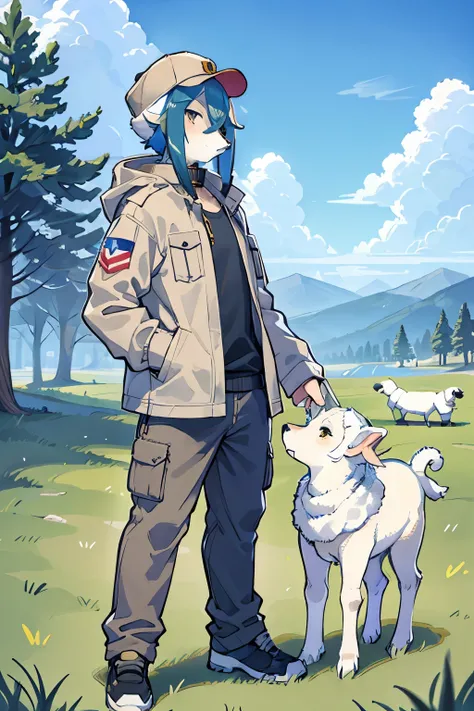 create a fursona for me,a sheep,tall wearing a jacket and cargo pants for male profile picture