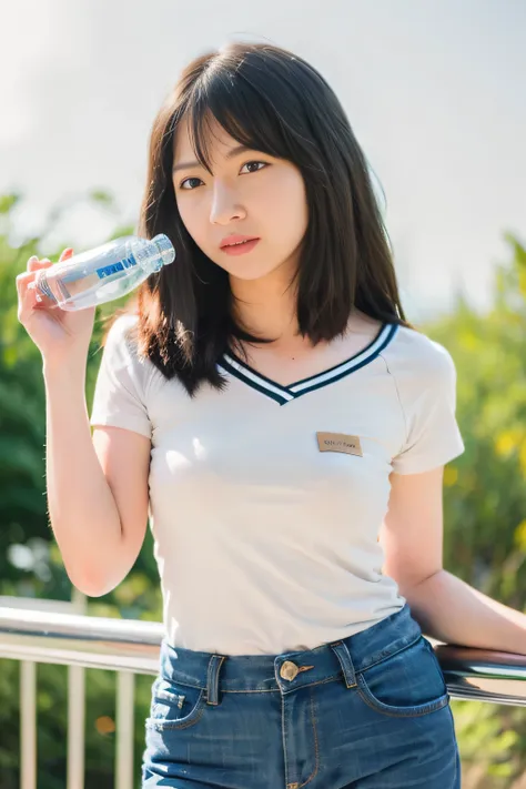 1 girl, wearing a white t-shirt and long jeans, standing and posing holding a plastic water bottle, close-up photo, sky background, sunlight flare in front, blurred background