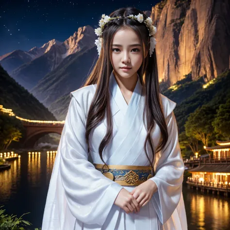 best quality, masterpiece, highres,, 1girl, Detailed face, (Upper body:1.6), Cyber cities, mountains and rivers, night, firefly lights, Realistic, rich in detail, (White hanfu:1.2), (beautiful body:1.4),