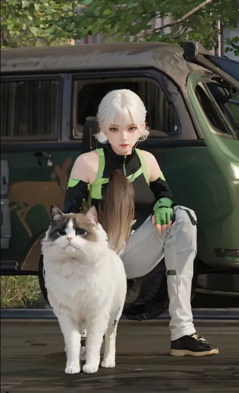 ((Best Quality, 8K, Masterpiece: 1.3)), Sharp: 1.2, Perfect Body Beauty: 1.4, Slim Abs: 1.2, ((Layered Hairstyle, Big Breasts: 1.2)), (thigh black gym suit: 1.1), (green weagon Car, Street: 1.2), Wet: 1.5, Highly Detailed Face and Skin Texture, White Hair,...