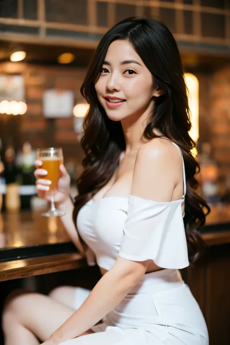 a 2 woman with long black hair, wearing a sparkly off-the-shoulder dress and black pantyhose, holding a beer glass in her hand. ...