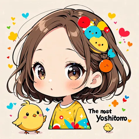 The hyper-realistic and colorful style of Yoshitomo Nara, Simple Line Acronym，Abstract art，(((The most beautiful girl ever))), Chibi, Cute design,  (((Cute chick)))