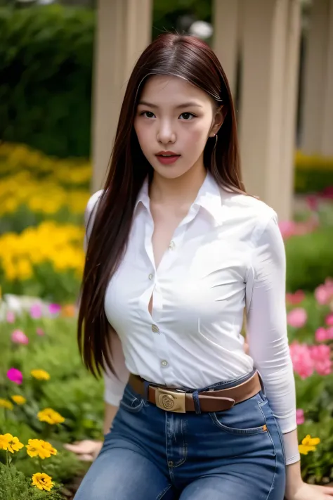 close up,a girl, wearing, sexy bra, white shirt (unbutton) large breasts, jeans, flower garden, pose