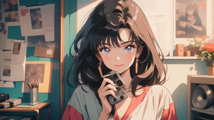 big eyes, Brown hair, Anime style illustration of a girl in casual clothes holding a red cassette tape. The background is a white wall with a few posters of records.. And it focuses on the girl and the cassette tape.. On cassette tapes "1980" There is a re...