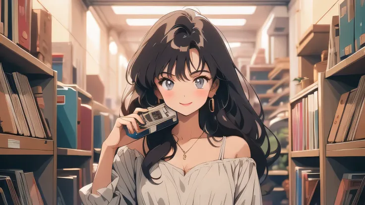 big eyes, Brown hair, Anime style illustration of a girl in casual clothes holding a red cassette tape. The background is a white wall with a few posters of records.. And it focuses on the girl and the cassette tape.. On cassette tapes "1980" There is a re...