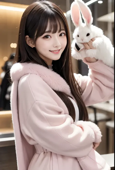 masterpiece、Highest quality、whole body、One Girl、bangs、Japanese、Black Hair Long Hair、Rabbit、fur、ソfur、smile、alone、Stylish woman、pastel colored outfits、front、Luxury background elements、Confident expression、Modern and trendy、Fashion focus