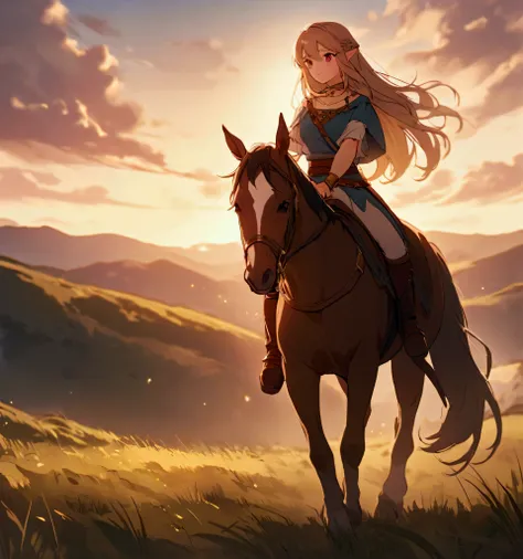 Give me Zelda riding a horse, very pretty and with a beautiful sword like her, more kawaii and pretty