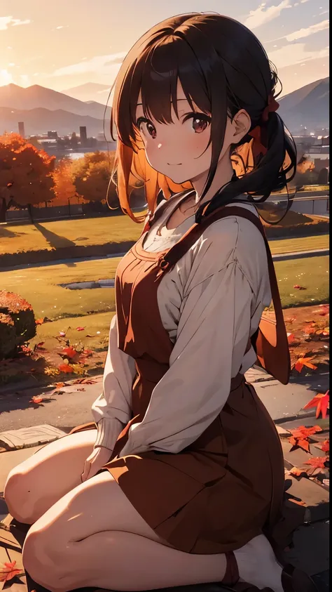 The ground is full of red leaves　golden Hair、Autumn Dresses、Kind Face、Warm lighting　Japanese anime style　Shortcuts　There are many autumn leaves on the ground at dusk　The background is mountains and autumn leaves　Autumn leaves are falling