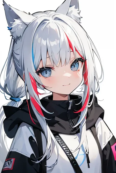 White background、No background required、真っWhite background、1 girl、Looking at smartphone、Looks so happy、Very bright expression、Street Fashion、bangs、Bare shoulders、Silver Hair、(colorful、abstract、Multicolored Hair:1.2)、Light blue eyes、Silver Hair、smile、ponyta...