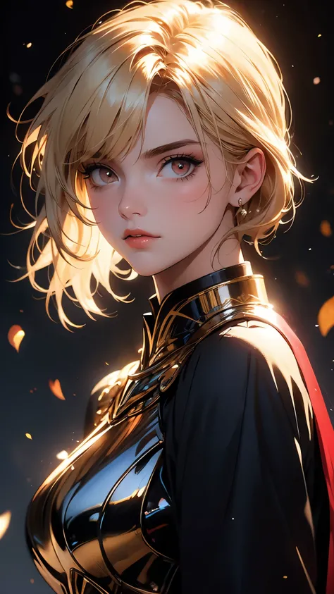 ((Masterpiece)), envision a 8k, highres, cinematic, extremely beautiful semi realistic close up portrait of a beautiful girl with a strong face, slender body, ((choppy blonde hair)), side locks, choppy bangs, round face, long sweeping bangs, red eyes, soft...