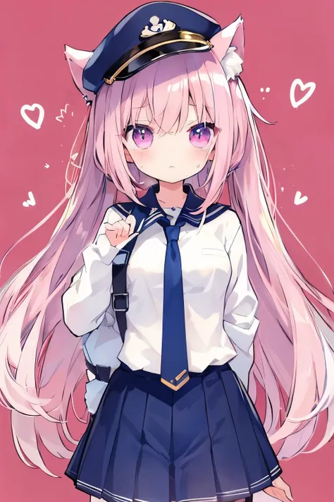 Navy Uniform、Elementary school girl、,Pink Shortcut,Very beautiful and Shining Eyes、Shining Eyes、1 girl、Large Breasts、Cat ears、(((((Small body)))))、heart❤、((sweat、vapor)）