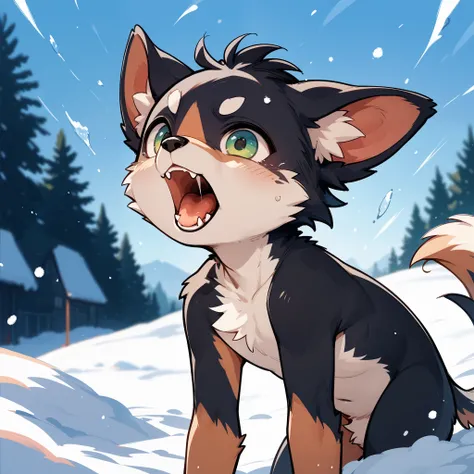  kemoshota, howling dog boy, in snow field, furry ears, naked