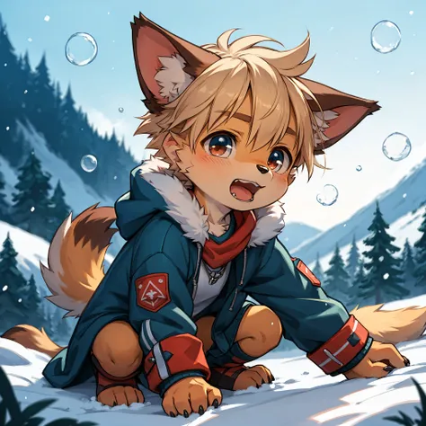  kemoshota, howling dog boy, in snow field