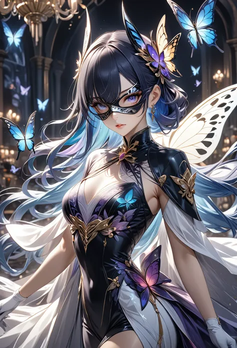 1girl,solo,phantom thief,holding banquet, sleek design, purple accent, eye mask, white gloves, blue hair, colored inner hair,(de...