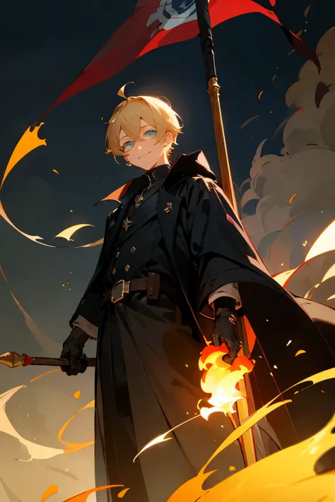 ((Best Quality)), ((masterpiece)), (detailed), Black coat men、Blonde、Azure Eyes、youth、Young Black Gloves、Glowing eyes, dark background, standing, holding a flaming flag spear、tall、Smiling hairstyle is output with a short cut