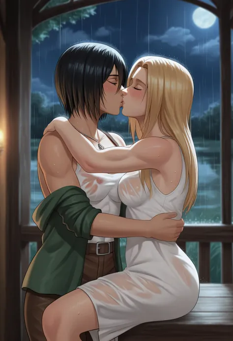 score_9, score_8_up, score_7_up, BREAK source_anime, historia reiss, blue eyes, blonde hair, long hair, medium breasts, long white dress sleeveless,female black hair soldier hugs historia,Mikasa with historia hugs,mikasa wreanig open green jacket and black...