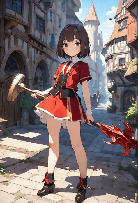 masterpiece, Best Quality, High resolution, Ultra-detailed, Anime Style, Fantasy, whole body, Standing, One Girl, magician, Intelligent face, Short, 140cm, Petite, Flat Chest, Red Magic Academy Uniform, No hat on, break, Black short bob, Straight Hair, Dar...