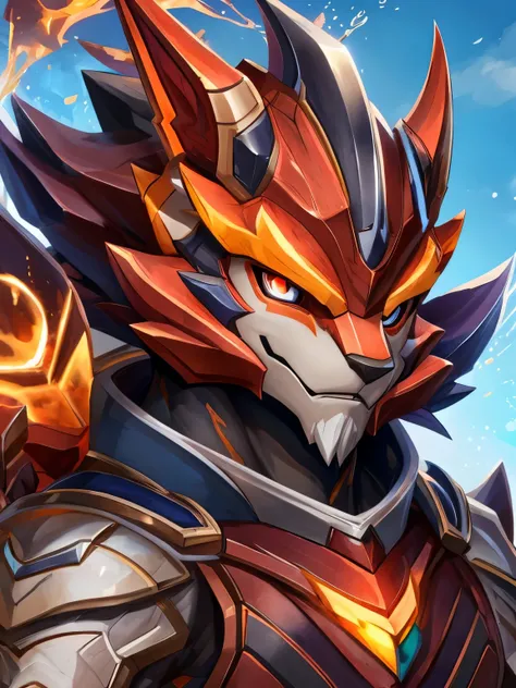 thamuz mobile legends Creature, four legs, extremely muscular, front covered in iron, red pattern around the skin, attacking, desert, Lava Magma Steel Armor, background large stones black lava magma, magic fire floating particles, colored glass blue backgr...