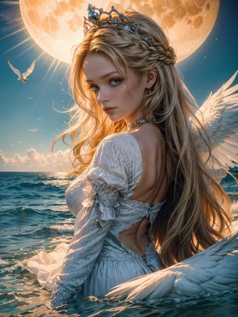 there is one girl coming out of the sea, the swan princess from russian mythology, a beautiful calm face, blue eyes, blond long ...