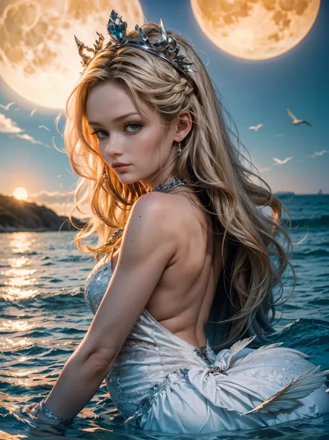 there is one girl coming out of the sea, the swan princess from russian mythology, a beautiful calm face, blue eyes, blond long ...