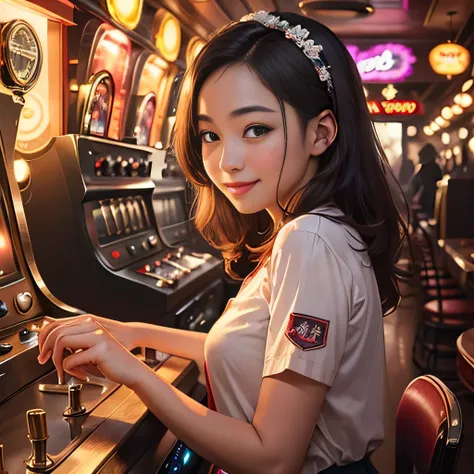 masterpiece, realistic, 1girl,smile, detailed, (juke box:1.3), (professional lighting), (nostalgia:1.3)