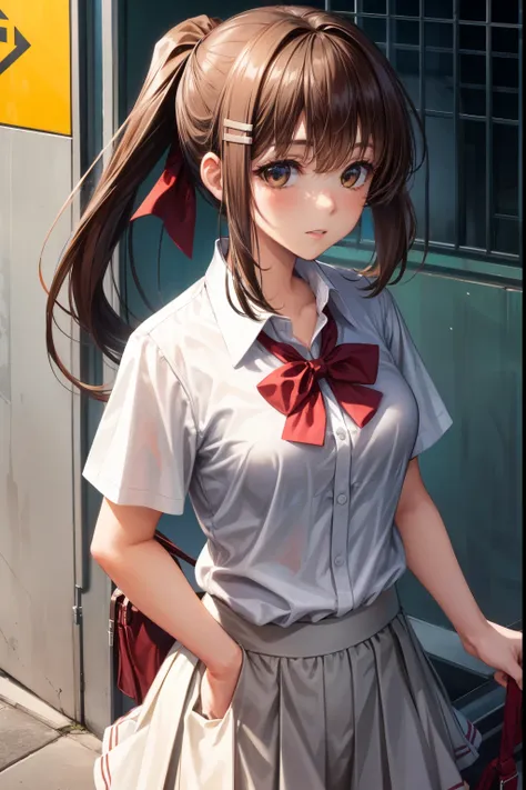 1girl, solo, ponytail , brown hair, brown eyes, long hair, bangs, short sleeve shirt, white shirt, short red skirt, red bow tie,...