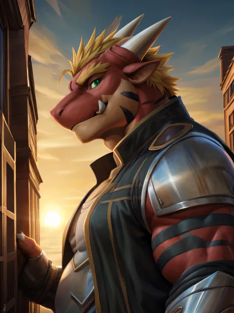 delga male character with glassy cyborg armor, macro in miniscule city with amazing sunshine at sunrise, anthro, dragon, muscular, green eyes, red body, looking at viewer, hi res, tatoo, blonde hair, detailed background, photorealistic, realistic hands, 8k...