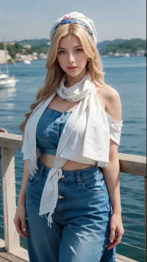 Captured at eye level, a blonde woman stands in a summer scene, her hair cascading over her shoulders. She is dressed in light casual clothing, with a scarf on her head, she wears a hat decorated with ribbons, the background is on a waterfront, creating a ...