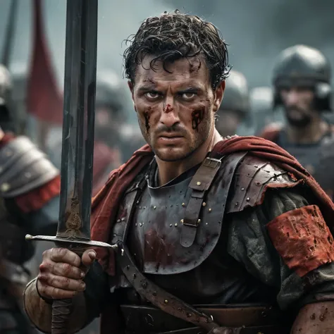 A Roman soldier on the battlefield, with a sword in his hand, and the head of an enemy in his other hand, the head is with its eyes open and blood is running down its neck. All in cinematic quality.