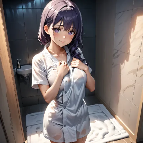 (masterpiece), best quality, 1girl, expressive eyes, perfect face, (purple hair), perfect anatomy, full body, 4k, HDR, full HD, solo, A young woman is standing just after a shower, expression is relaxed, with a slight smile as she gently dries his face wit...