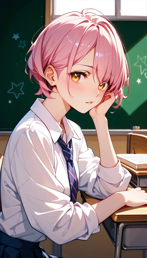 High image quality、high quality、One girl、Pink short hair、Golden Eyes、Eyes that shine like the stars in the night sky、Blushing、School corridor、classroom、Trotting while hiding one&#39;s chest、Hold your body、A flustered and embarrassed look、Your bra is visibl...