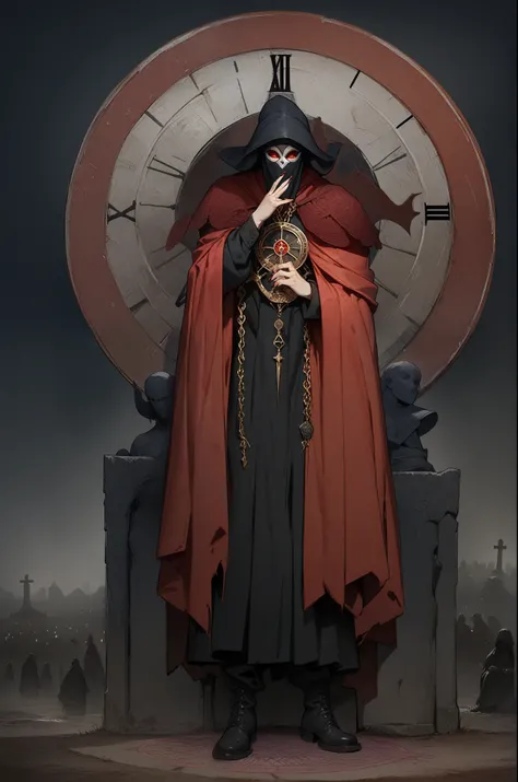 masterpiece, Best Quality, High resolution, solo, 1man, Full body, Description, detail hands, Detail fingers, Detail Face, detail legs, overdetailed art, Fine details, ((Baphomet)), black suit, black silk hat, clock at hat, shoulder red rose, red cloak, go...