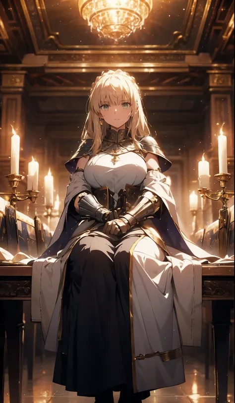 ((Big Breasts,)),beautiful, masterpiece, Best Quality,Knights of the Round Table, medieval armor, shining swords, magnificent round table, royal banners, solemn expressions, sitting in the great hall, dramatic lighting, chivalry, loyalty, friendship